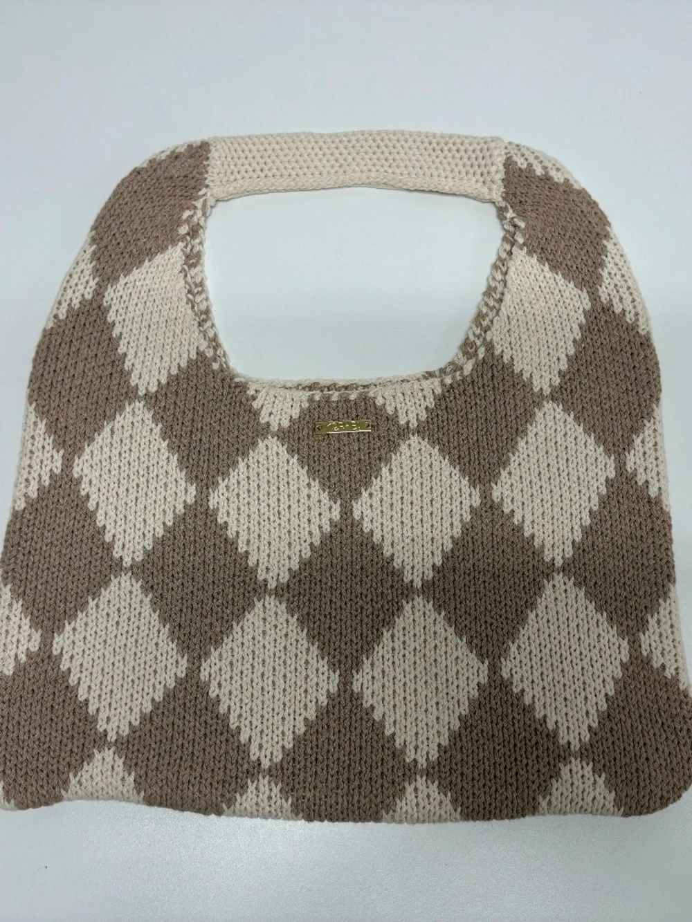 KOPARI Limited Edition Checkered Knit Tan Cream Tote Bag - NEW Without Tag.